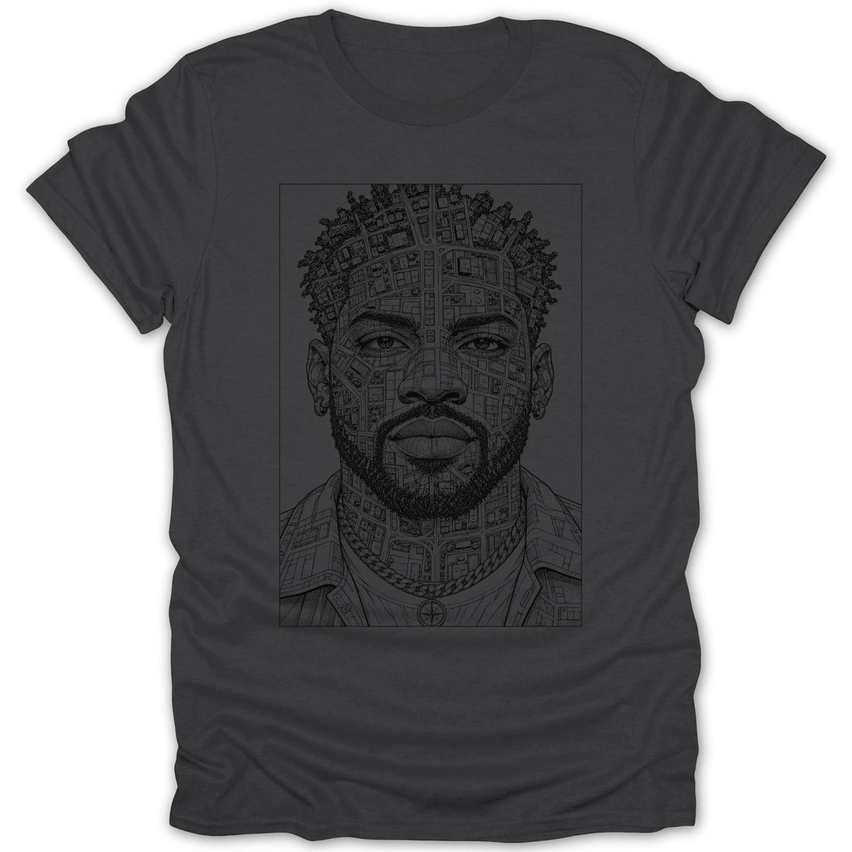 Line art portrait of a man with a city map design on his face and hair.
