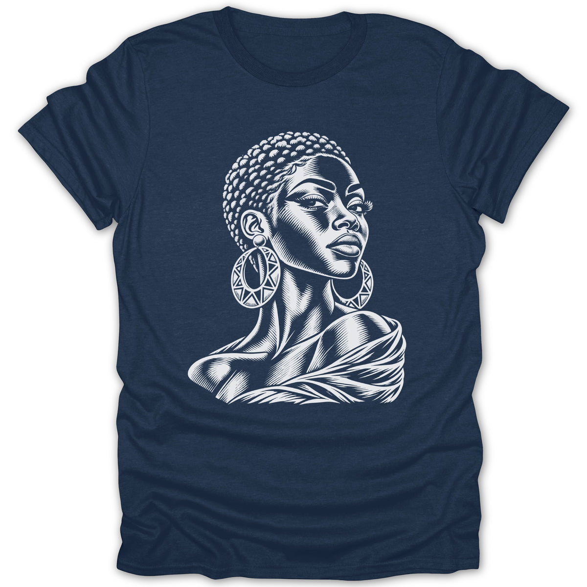 White graphic of a woman with short, textured hair and large hoop earrings on a navy t-shirt.