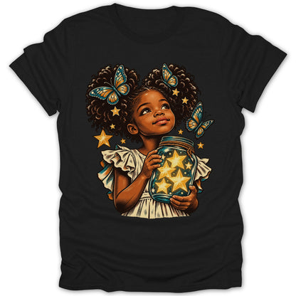 Young girl with curly hair holds jar of stars with butterflies and stars around her.