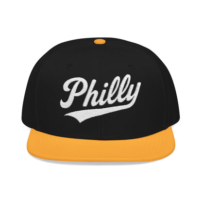 Black and orange snapback hat with "Philly" embroidered in white script.