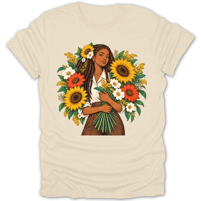 Illustration of a Black woman holding a bouquet of sunflowers and other flowers.