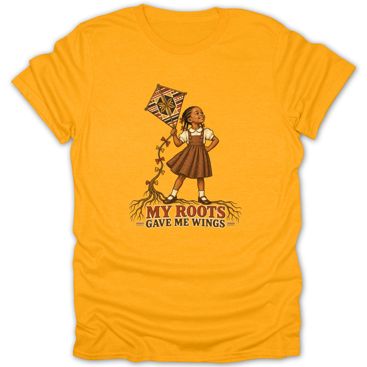 T-shirt with a drawing of a girl holding a kite and the text "My Roots Gave Me Wings."