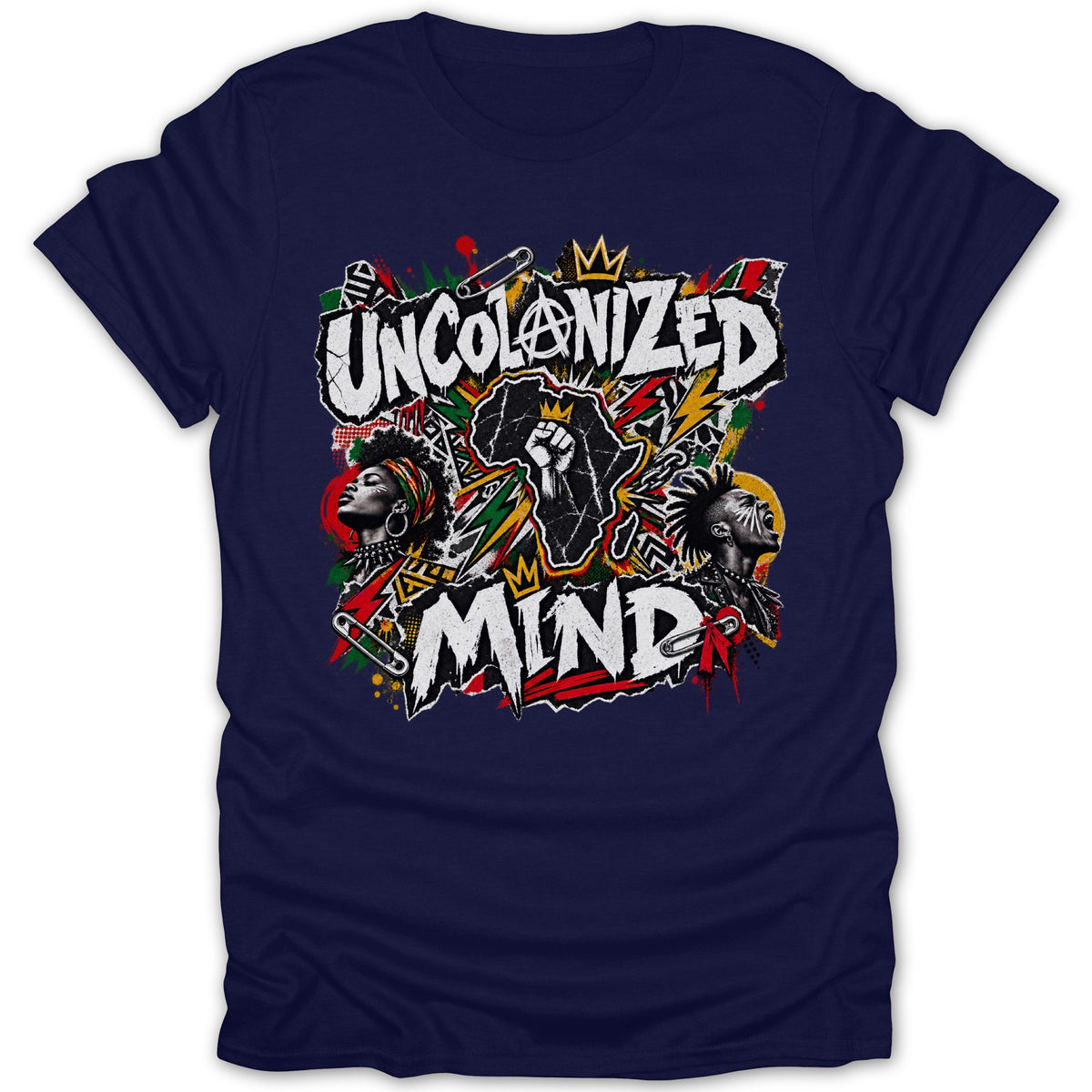 Navy t-shirt with "Uncolonized Mind" text, Africa map, raised fist, and two portraits.
