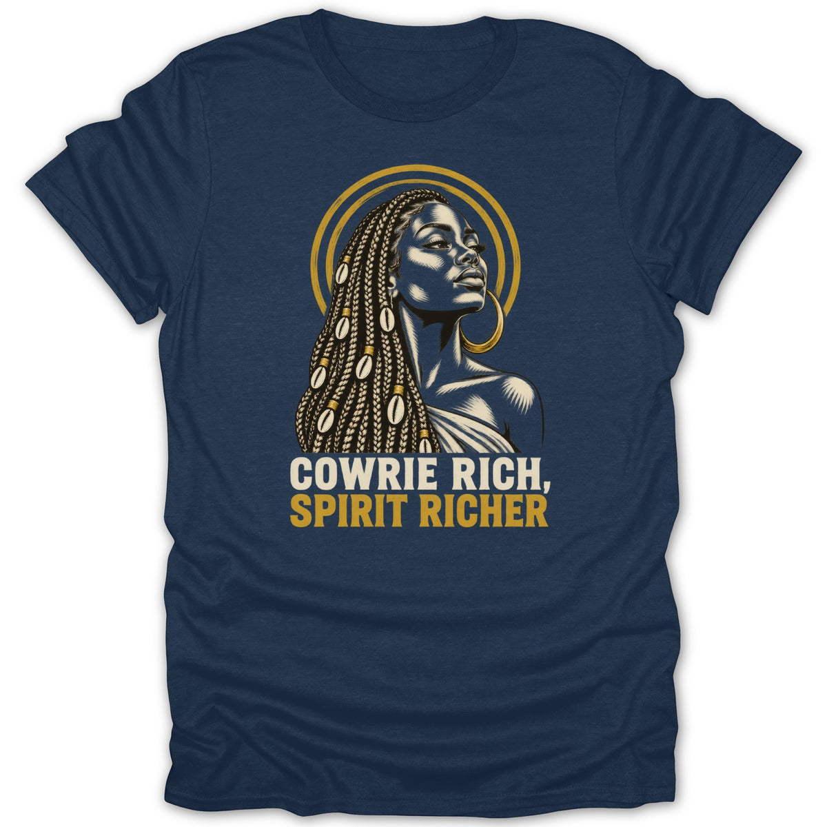 Dark blue t-shirt featuring graphic art of a Black woman with braided hair and cowrie shells, with the text "COWRIE RICH, SPIRIT RICHER".