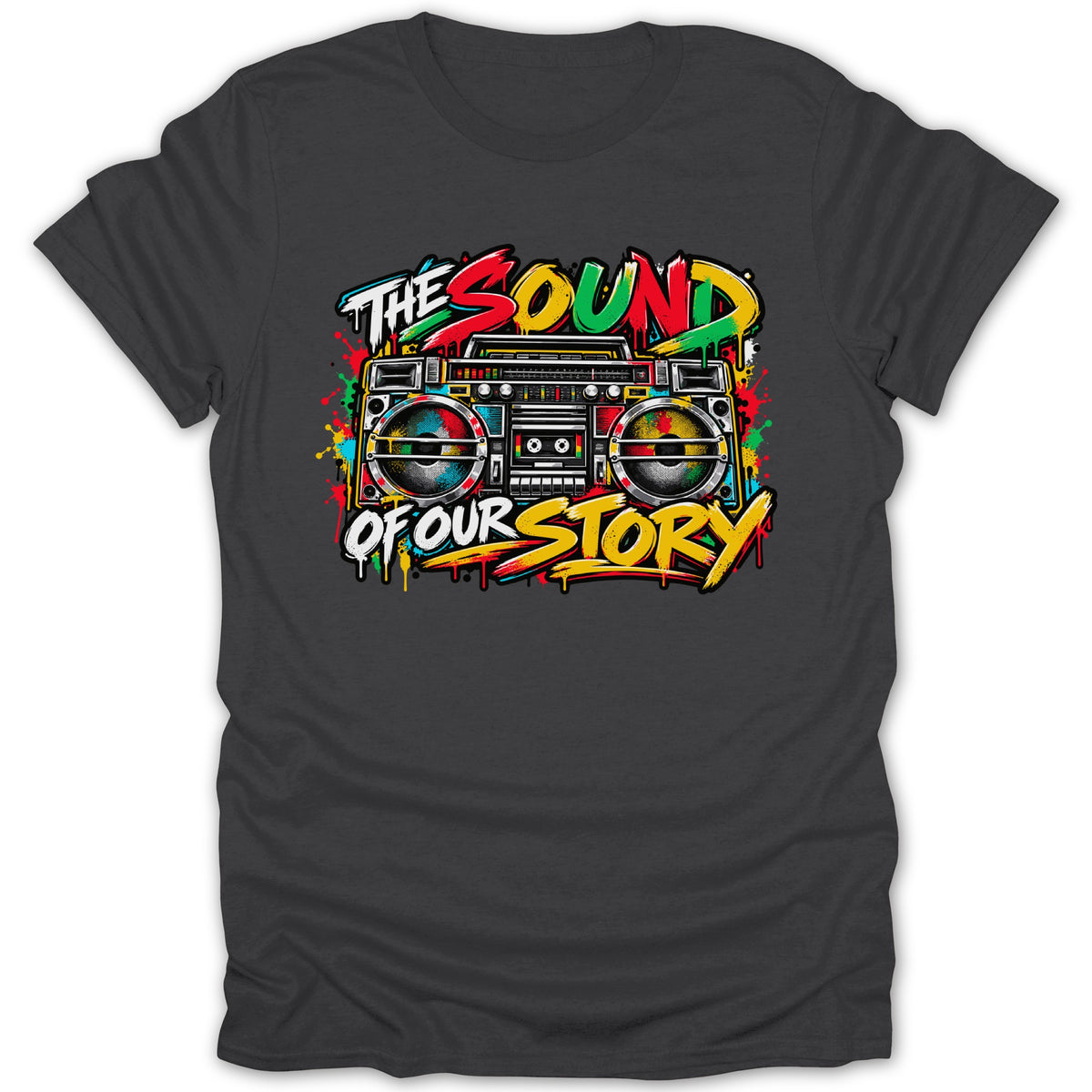 Dark gray t-shirt with colorful retro boombox graphic and text "The Sound Of Our Story".