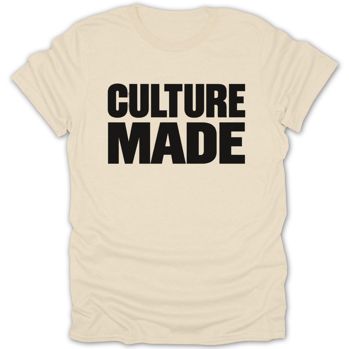 Cream t-shirt with black text that reads "CULTURE MADE".