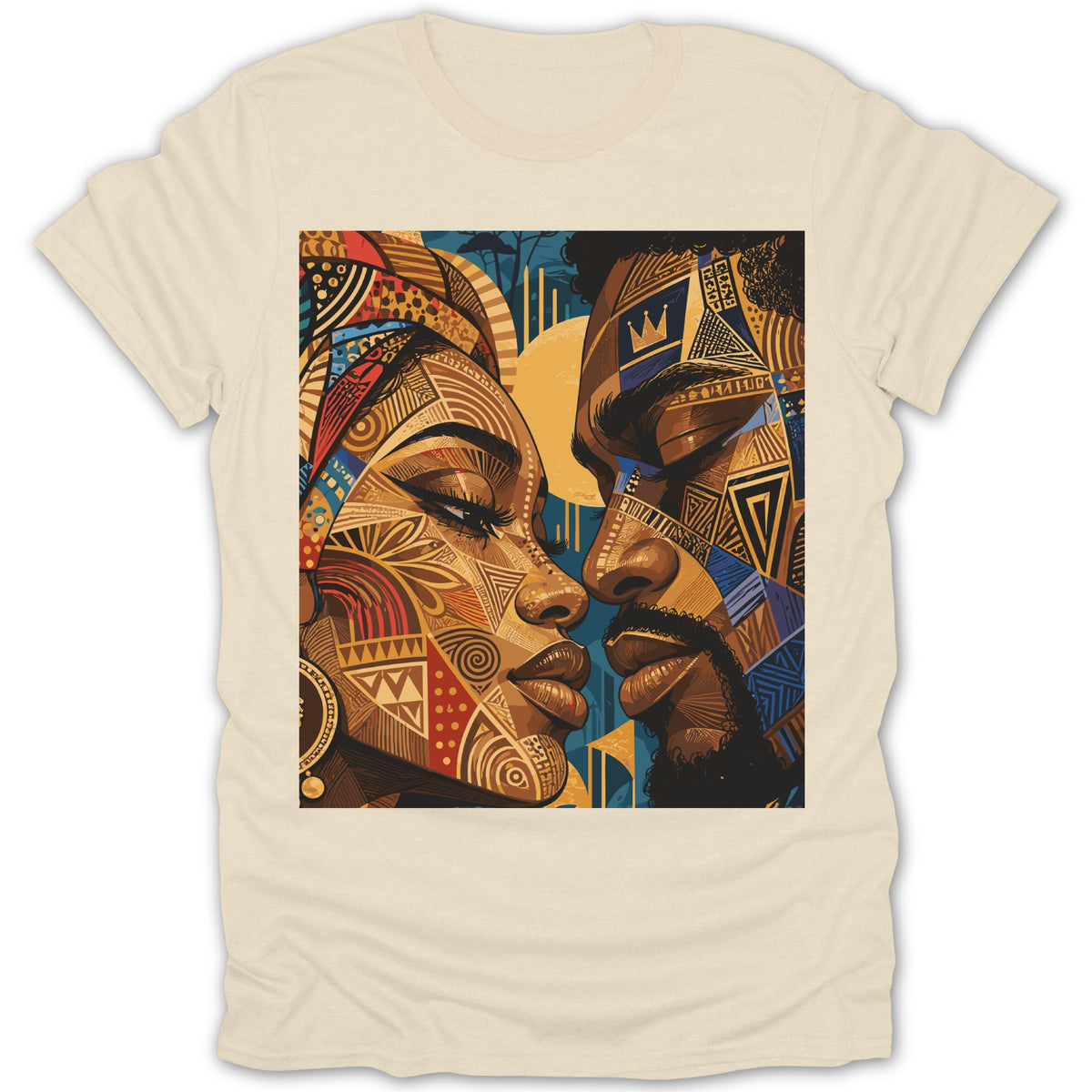 T-shirt with abstract patterned faces of a man and woman in profile, close together.