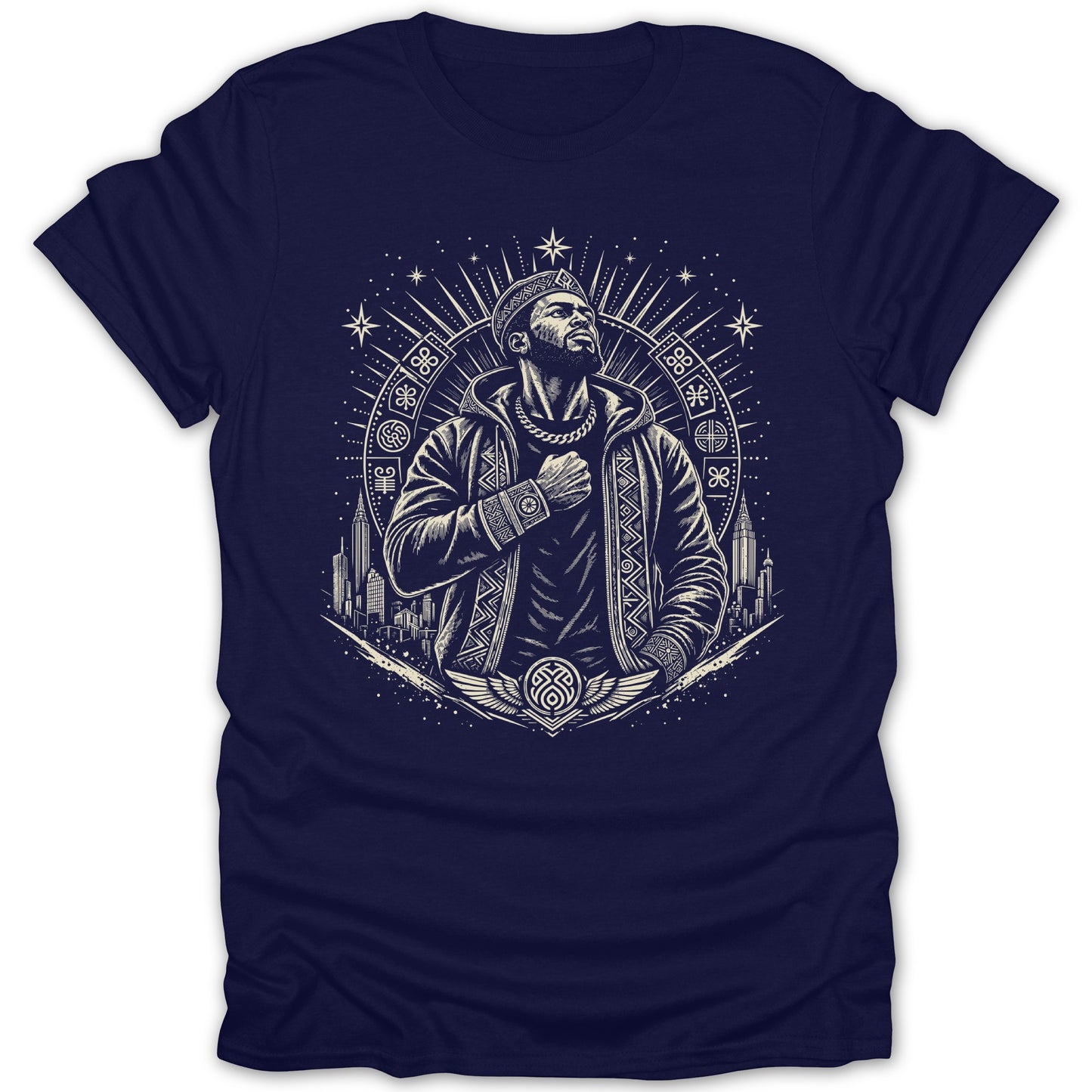 Dark blue t-shirt with line art of a man wearing a jacket, chain, and headwear, with cityscape.