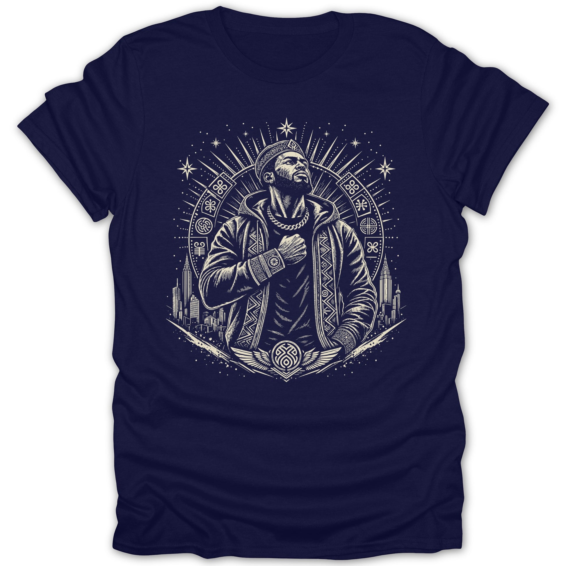 Dark blue t-shirt with line art of a man wearing a jacket, chain, and headwear, with cityscape.