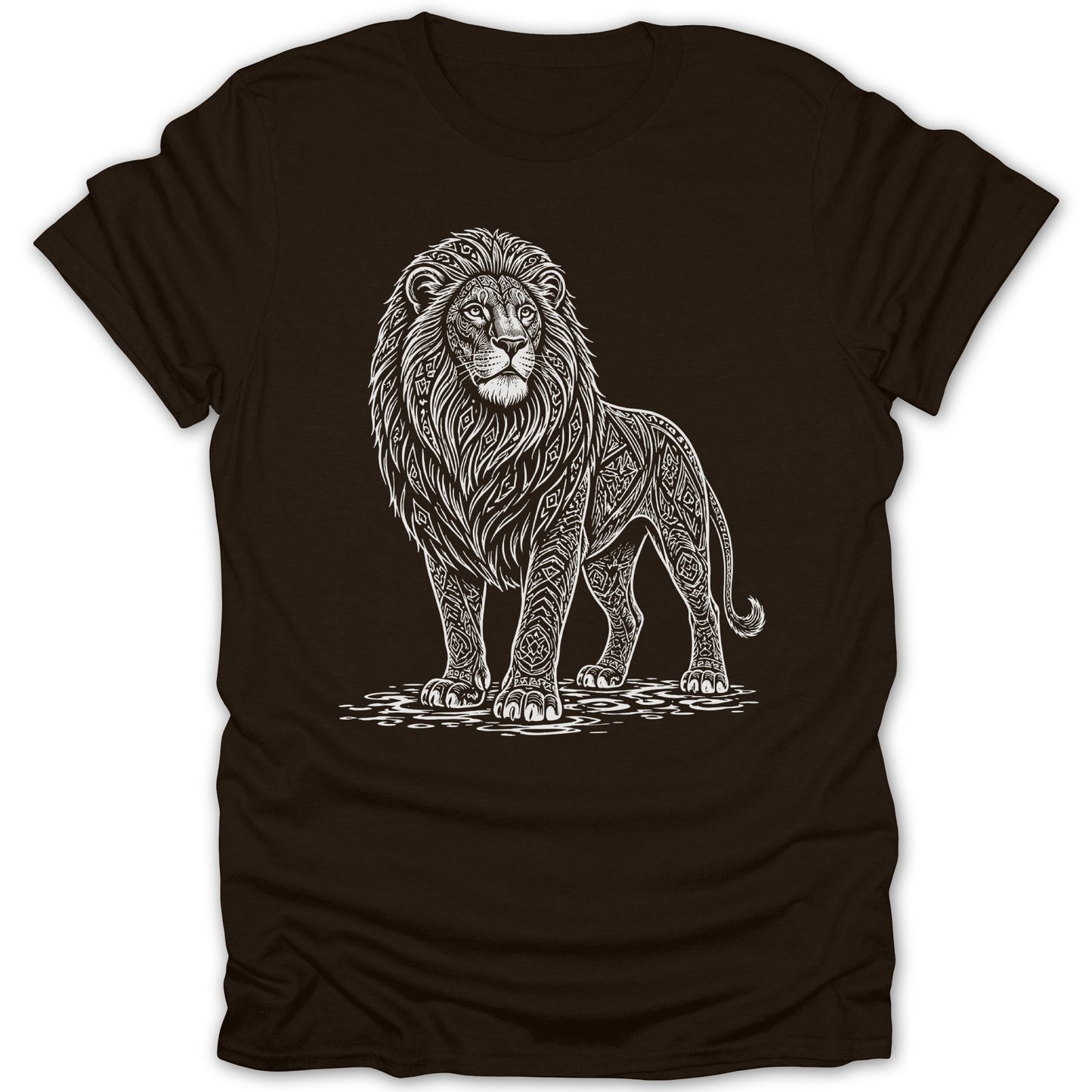 Brown t-shirt with a stylized white lion illustration standing on patterned ground.