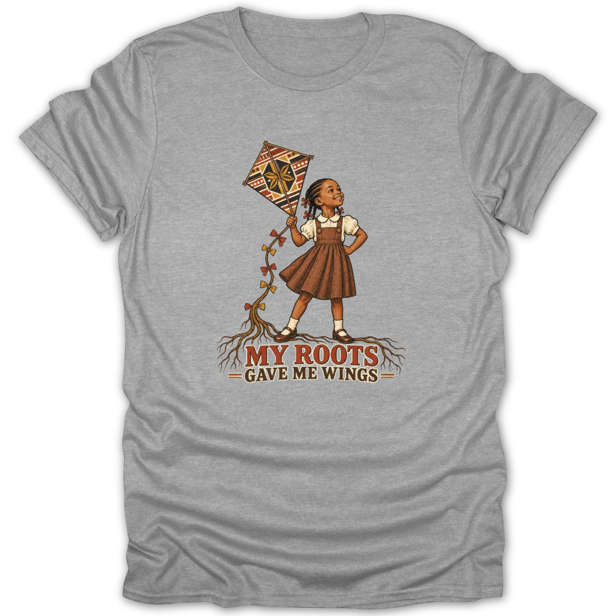 Girl holding kite with roots and text "MY ROOTS GAVE ME WINGS".