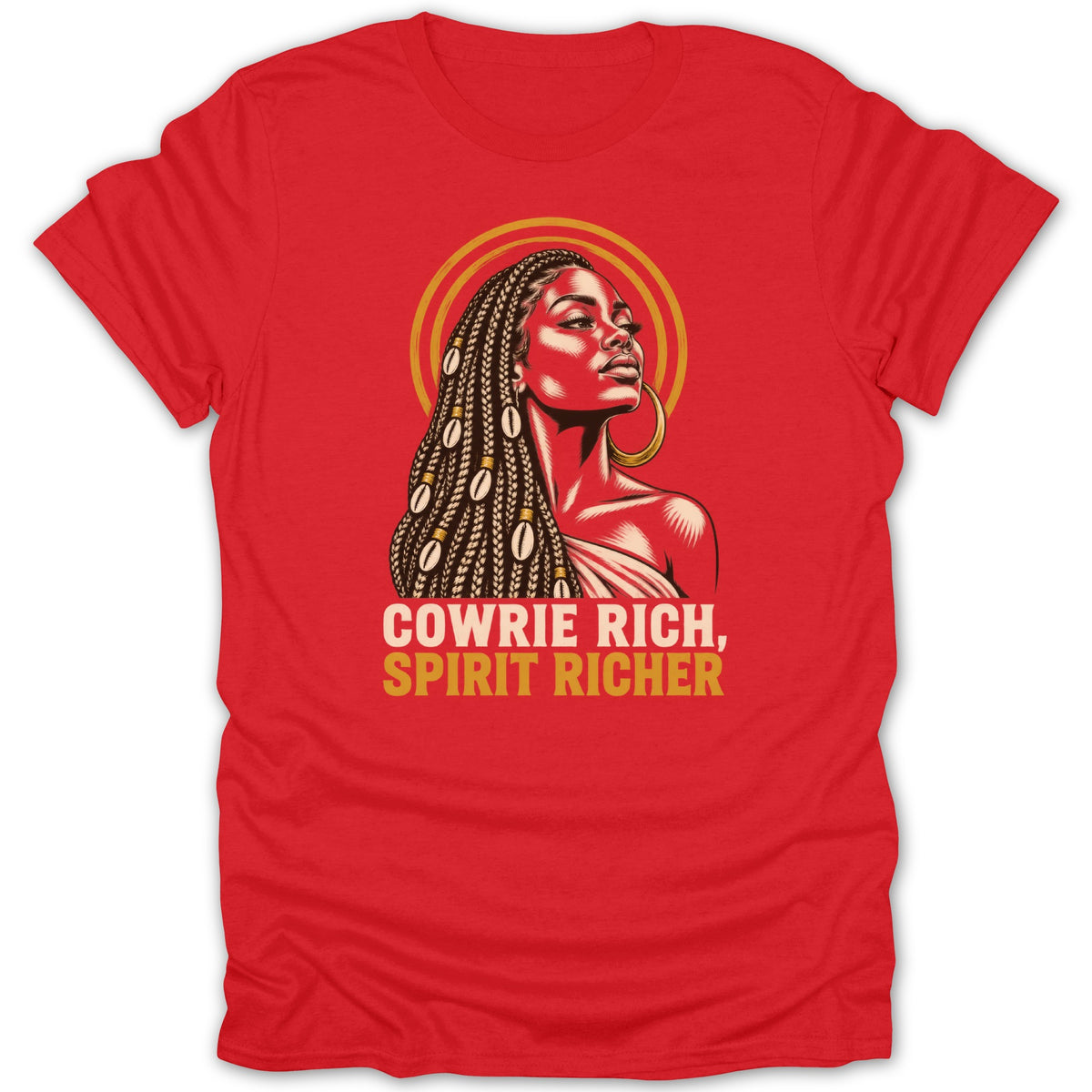 A red short-sleeved t-shirt featuring a graphic of a Black woman with braided hair and cowrie shells, with the text "COWRIE RICH, SPIRIT RICHER".