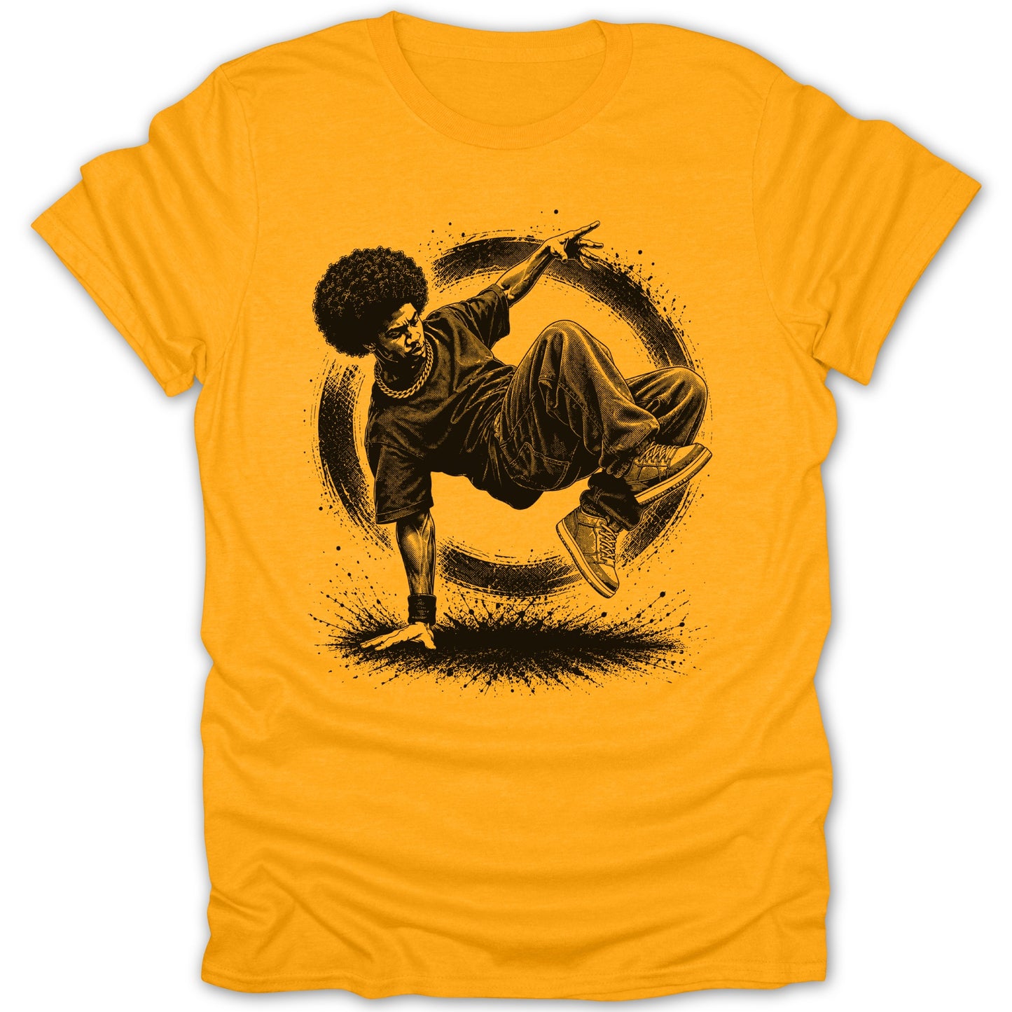 Orange t-shirt with black graphic of a breakdancer in a dynamic pose.