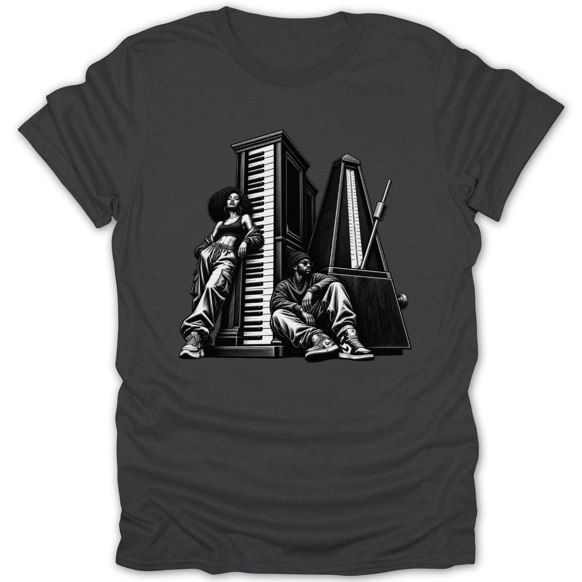 Monochrome illustration of a woman and man by a piano and metronome.