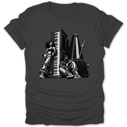 Monochrome illustration of a woman and man by a piano and metronome.