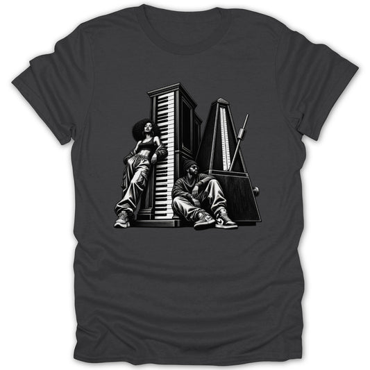 Monochrome illustration of a woman and man by a piano and metronome.