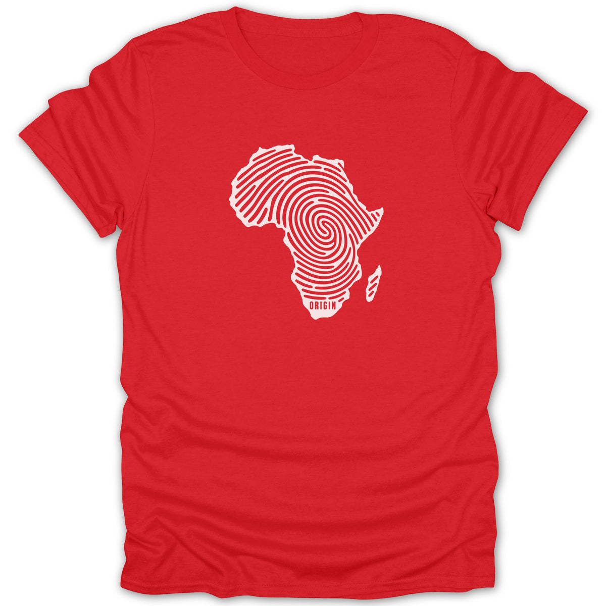A red short-sleeved t-shirt featuring a white graphic of the African continent filled with fingerprint lines and the word ORIGIN at the bottom.