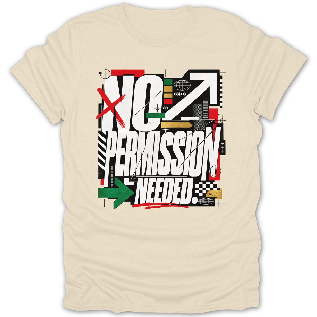 Cream t-shirt with "NO PERMISSION NEEDED" graphic featuring geometric shapes and arrows.