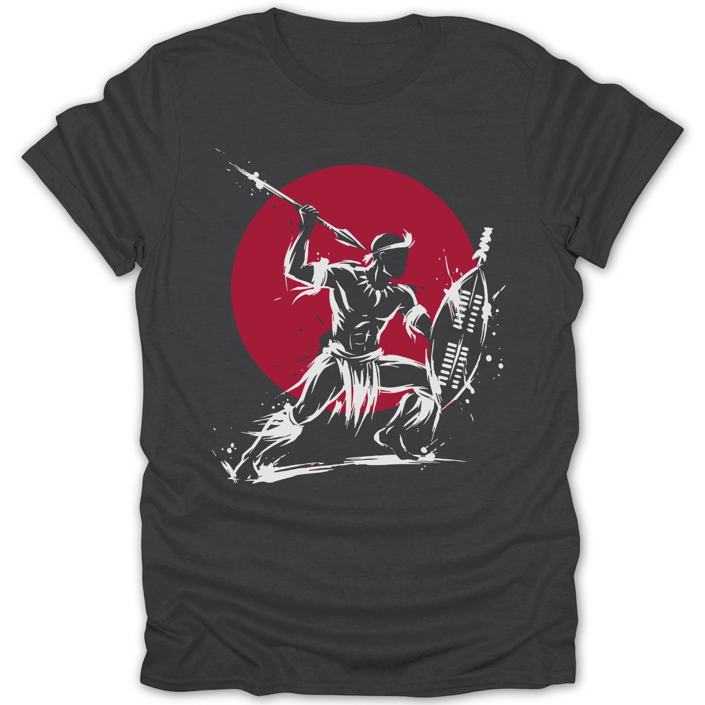 Silhouette of a warrior with spear and shield against a red circle