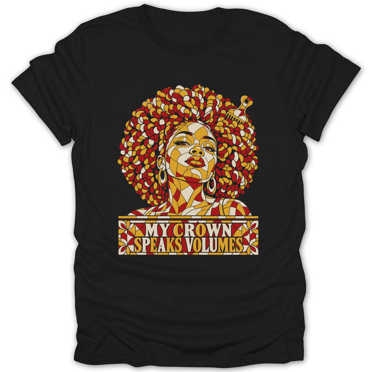 Black t-shirt featuring a mosaic-style graphic of a Black woman with an afro and the text "MY CROWN SPEAKS VOLUMES".