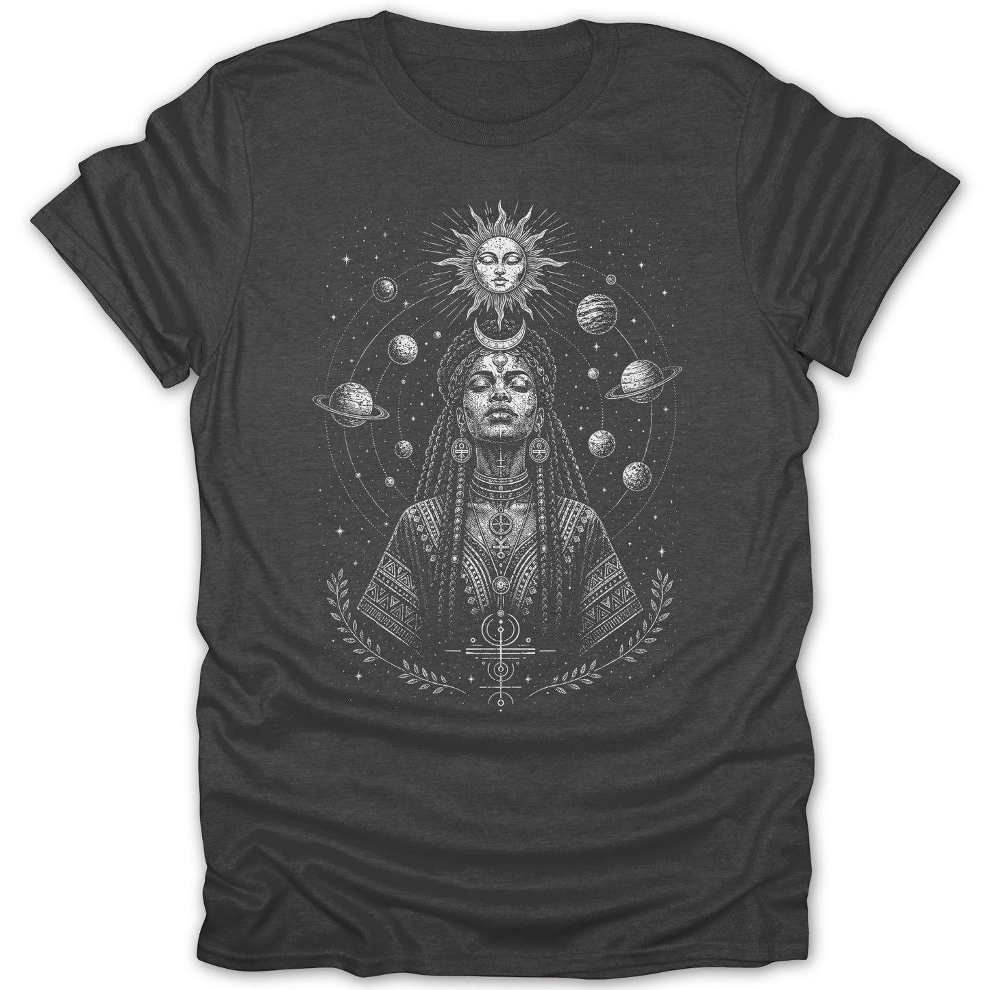 Dark grey t-shirt with white celestial design featuring woman, sun, moon, and planets.