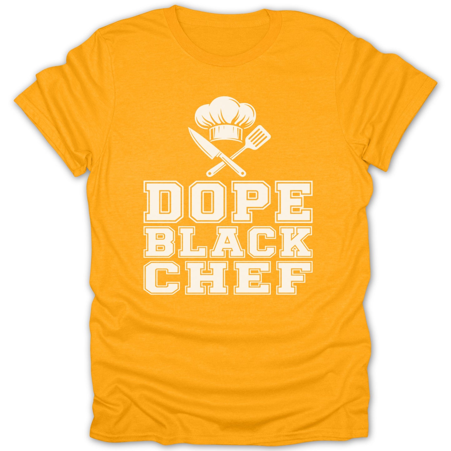 Orange t-shirt with "DOPE BLACK CHEF" text and chef hat graphic.