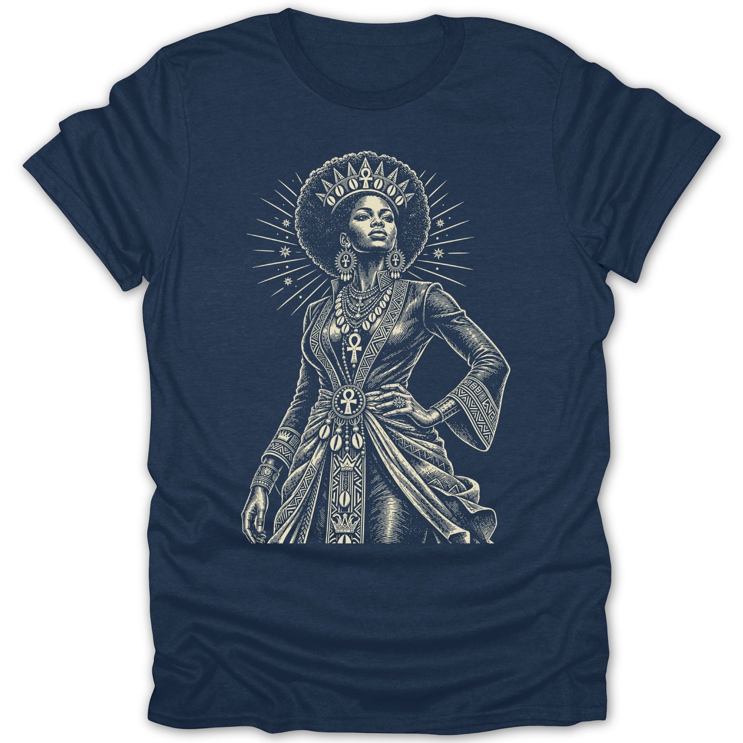 Sketch of a regal Black woman wearing an ornate headdress and tribal-patterned clothing.