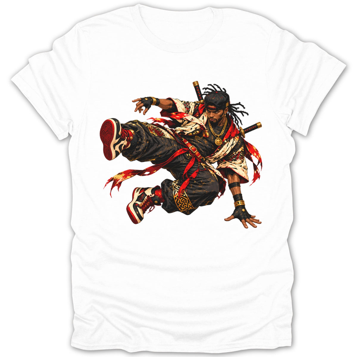 White t-shirt featuring graphic of a dynamic, leaping samurai with swords and gold jewelry.