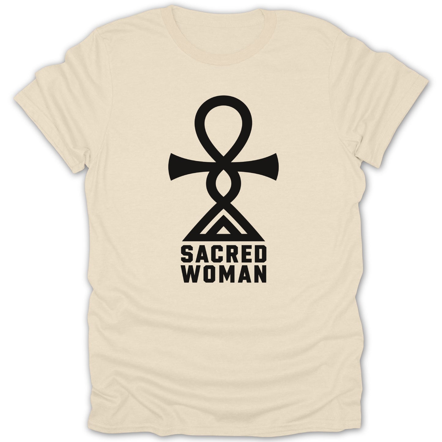 Cream t-shirt with black Ankh symbol above "SACRED WOMAN" text.