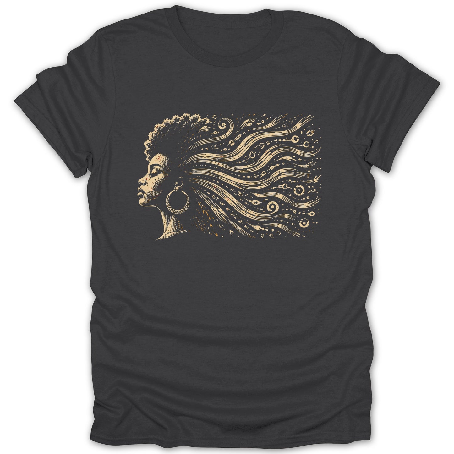 Profile of a woman with flowing, decorative hair on a dark t-shirt.