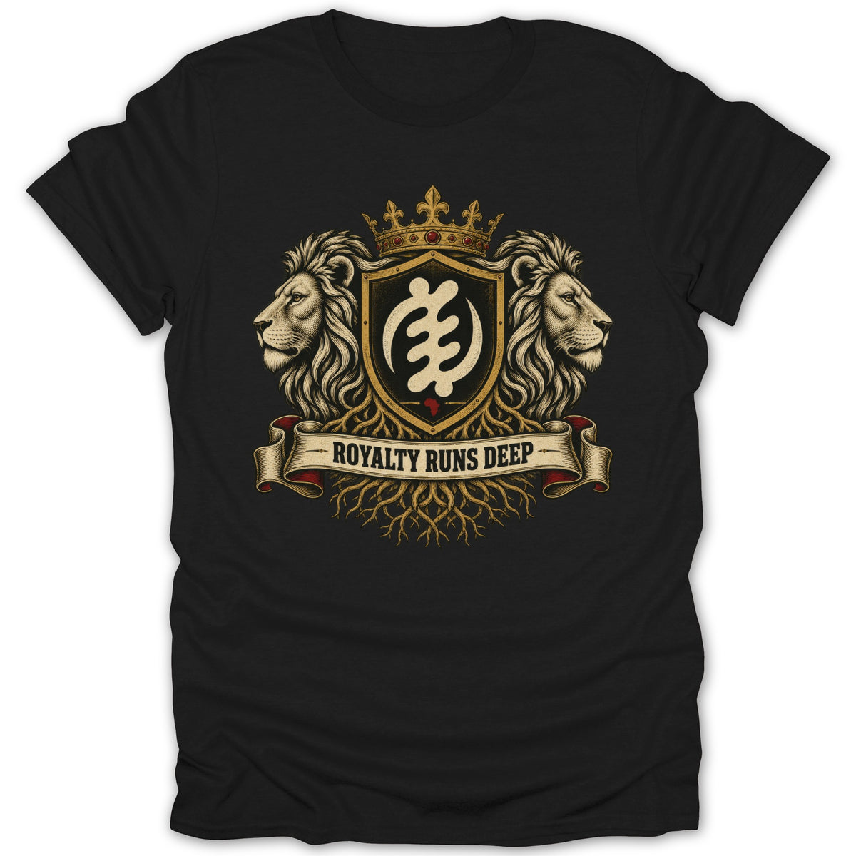 Black t-shirt with a crest featuring lions, a crown, a symbol, roots, and text "ROYALTY RUNS DEEP".