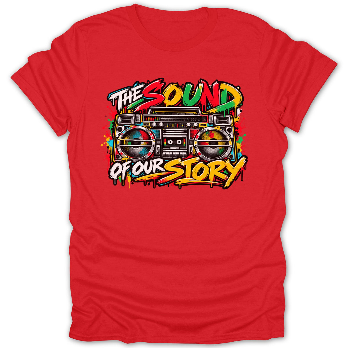 Red t-shirt with colorful boombox graphic and text "The Sound of Our Story".