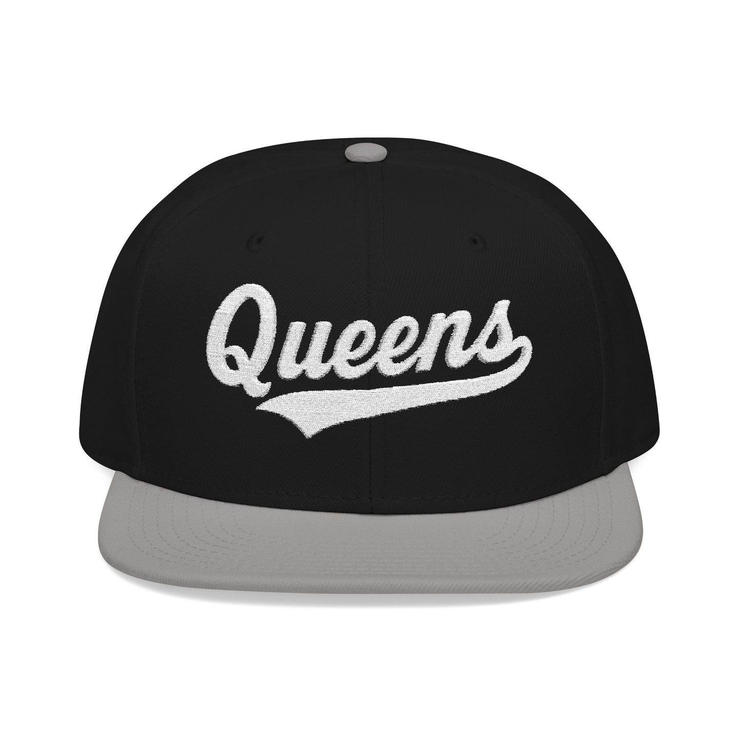 Black snapback hat with "Queens" in white script embroidery.