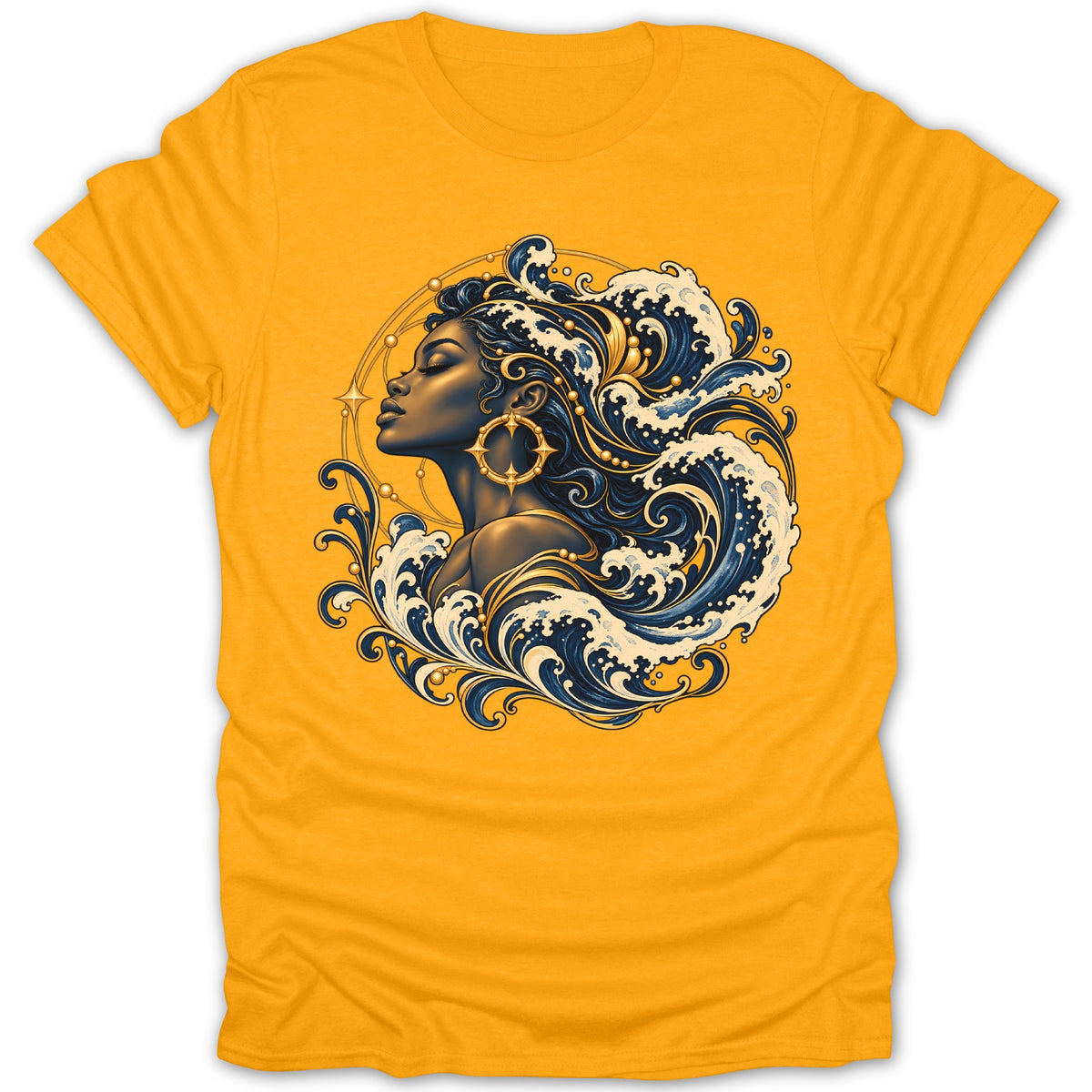 Illustration of a woman's profile with wavy hair and golden accents on a yellow t-shirt.