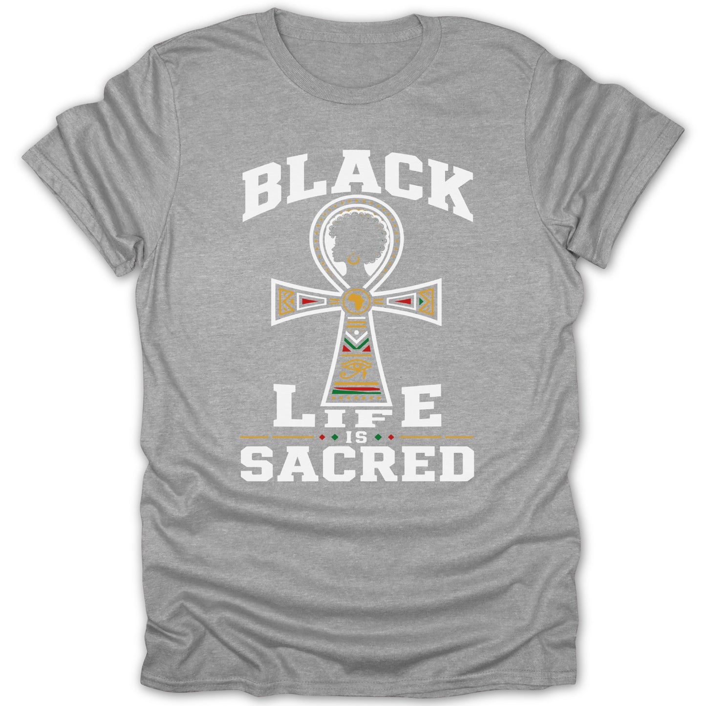 Grey t-shirt with "BLACK LIFE IS SACRED" and an ankh symbol.
