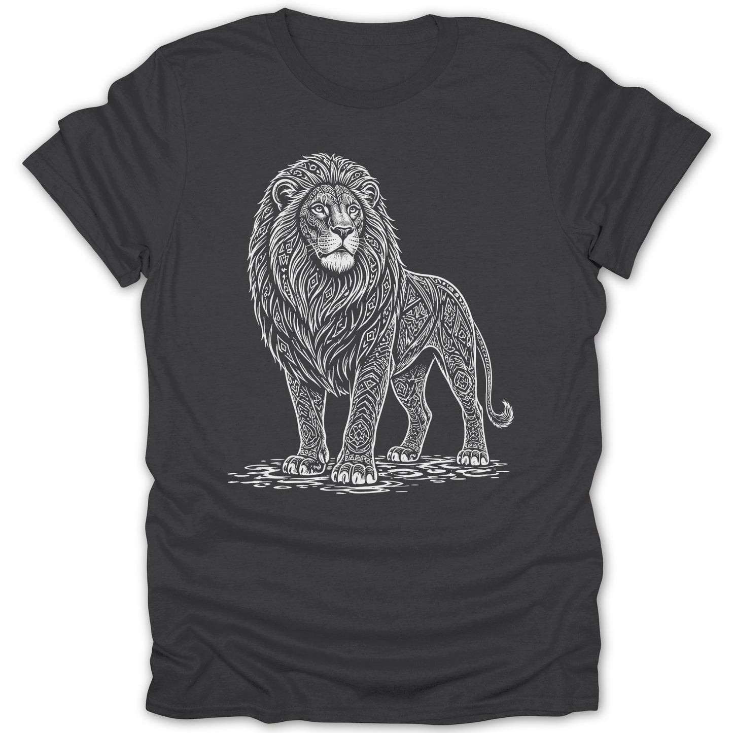 Dark gray t-shirt with a white line drawing of a stylized lion.