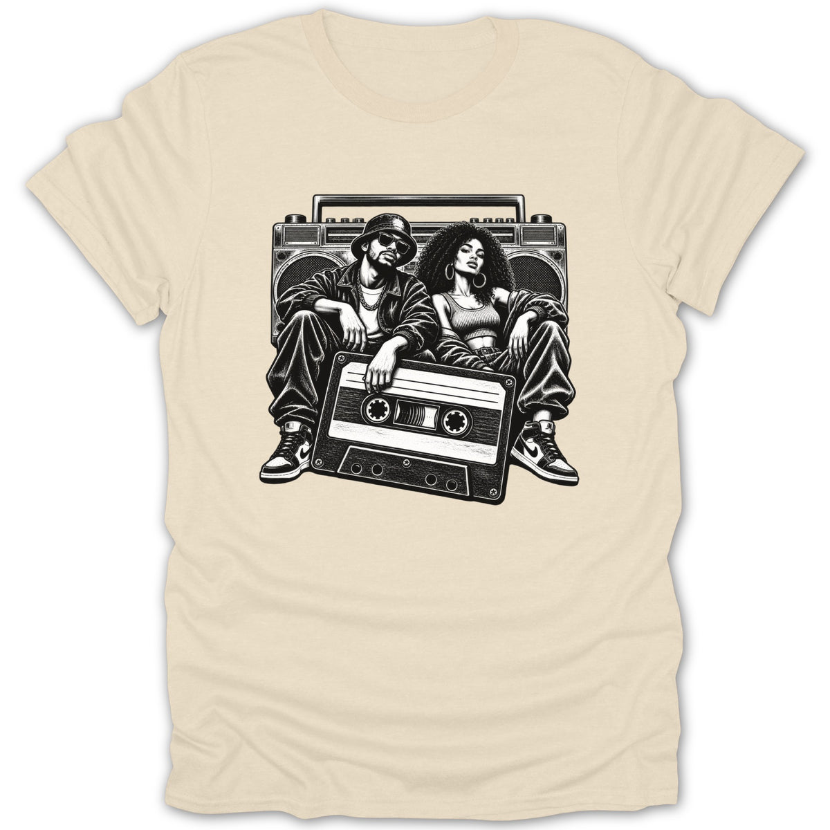 Black and white illustration of a man and woman with a boombox and cassette tape.
