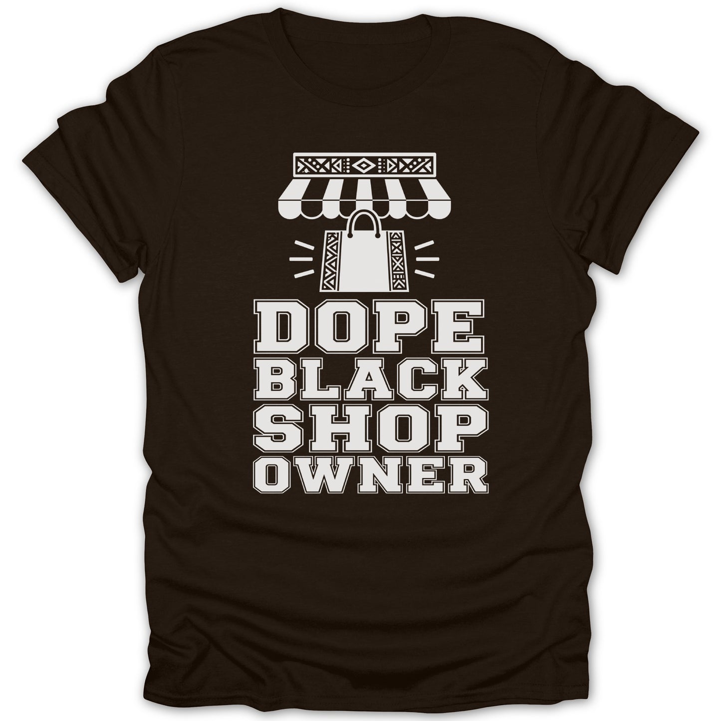 Brown t-shirt with white text "Dope Black Shop Owner" and a shopping bag graphic.