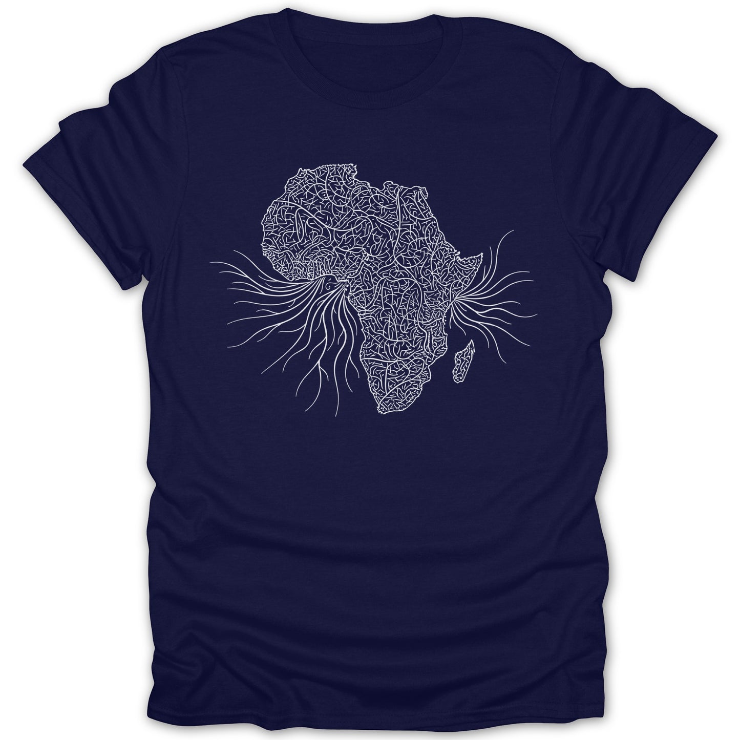 Intricate Africa Map Design on Dark Blue T-Shirt