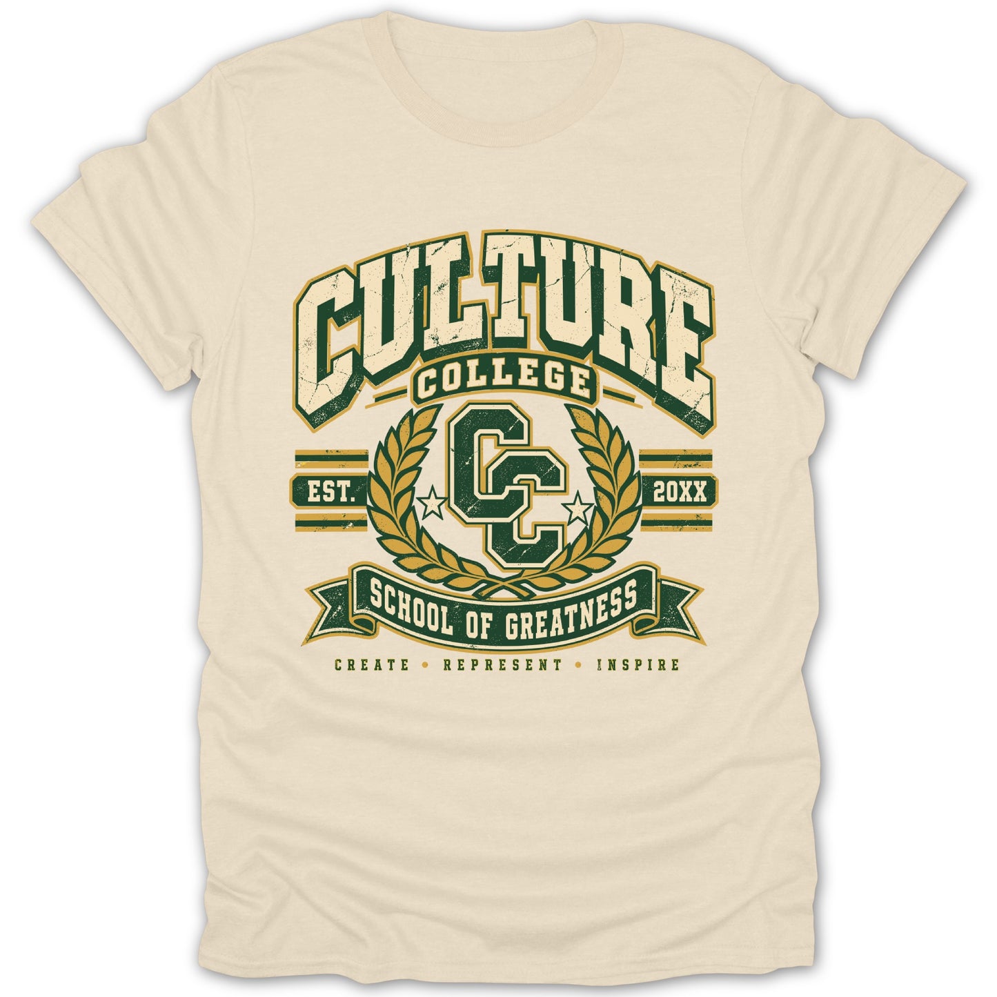 Cream t-shirt with "Culture College School of Greatness" graphic.
