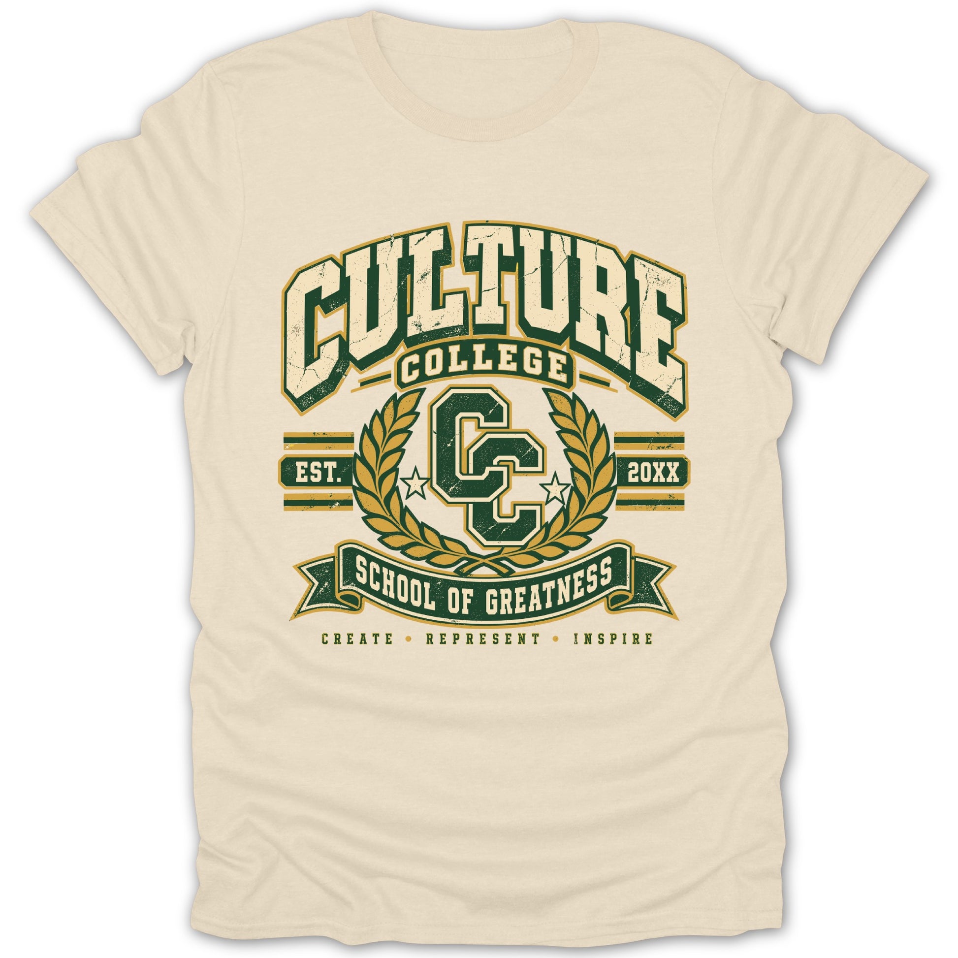 Cream t-shirt with "Culture College School of Greatness" graphic.