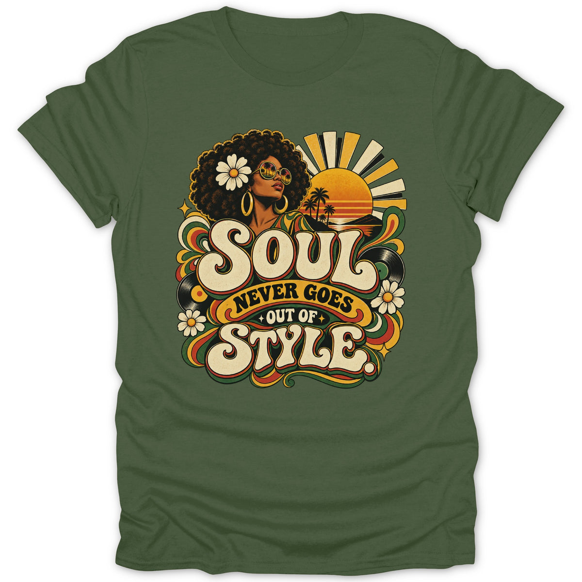 "Soul never goes out of style" graphic with a woman and retro design elements.