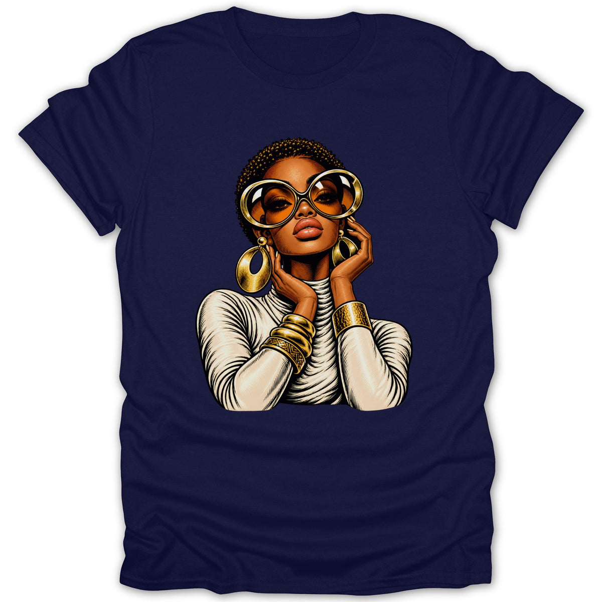 Illustration of a stylish Black woman with large sunglasses and gold jewelry on a navy t-shirt.