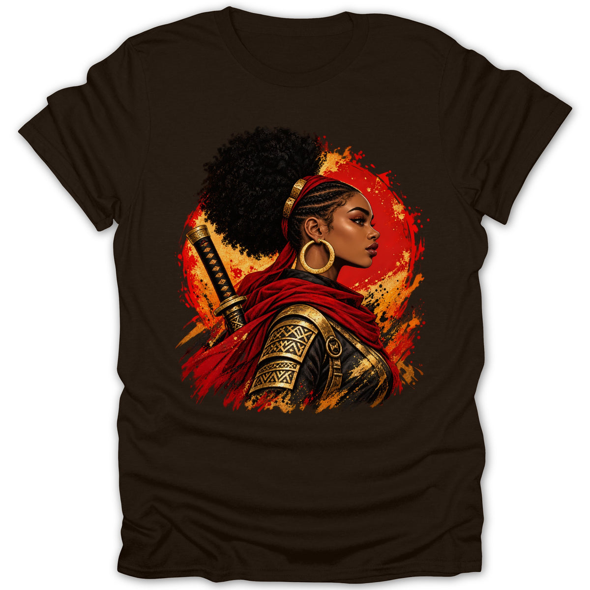 Illustration of a warrior woman with a katana and red sash against a red and gold background.