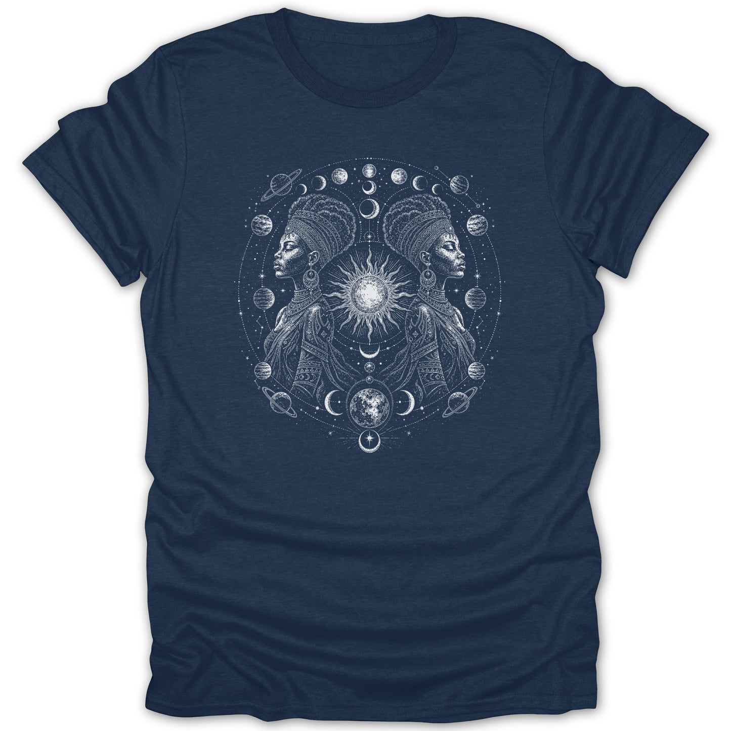 Dark blue t-shirt with white celestial graphic of two women, sun, and planets.