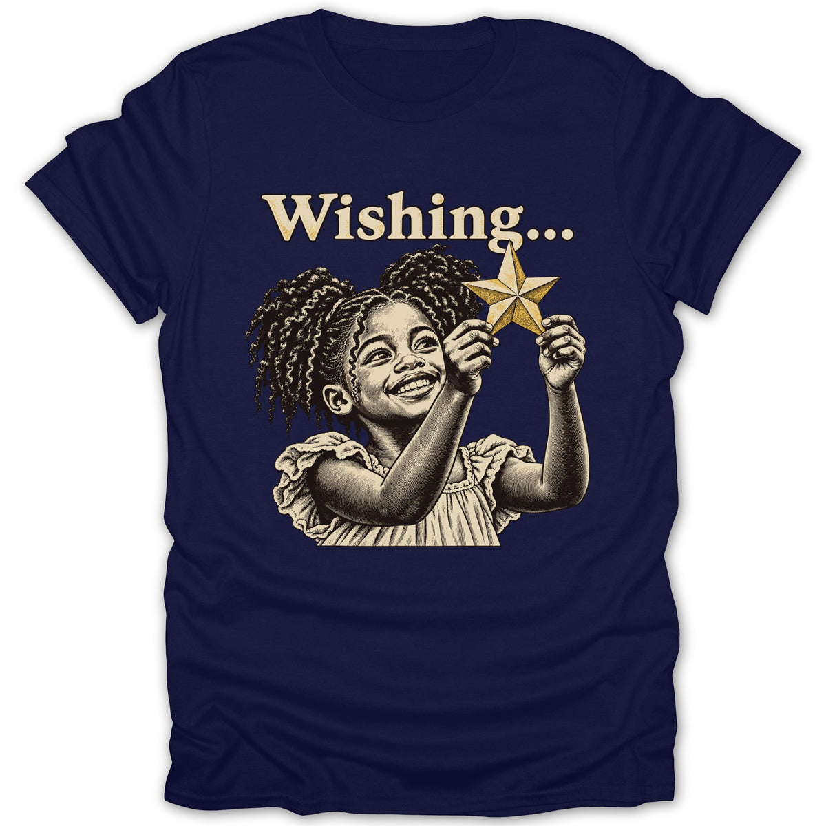 Illustration of a smiling girl holding a star with text "Wishing..." above.