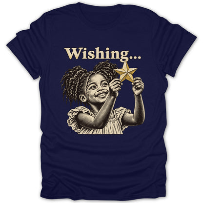 Illustration of a smiling girl holding a star with text "Wishing..." above.
