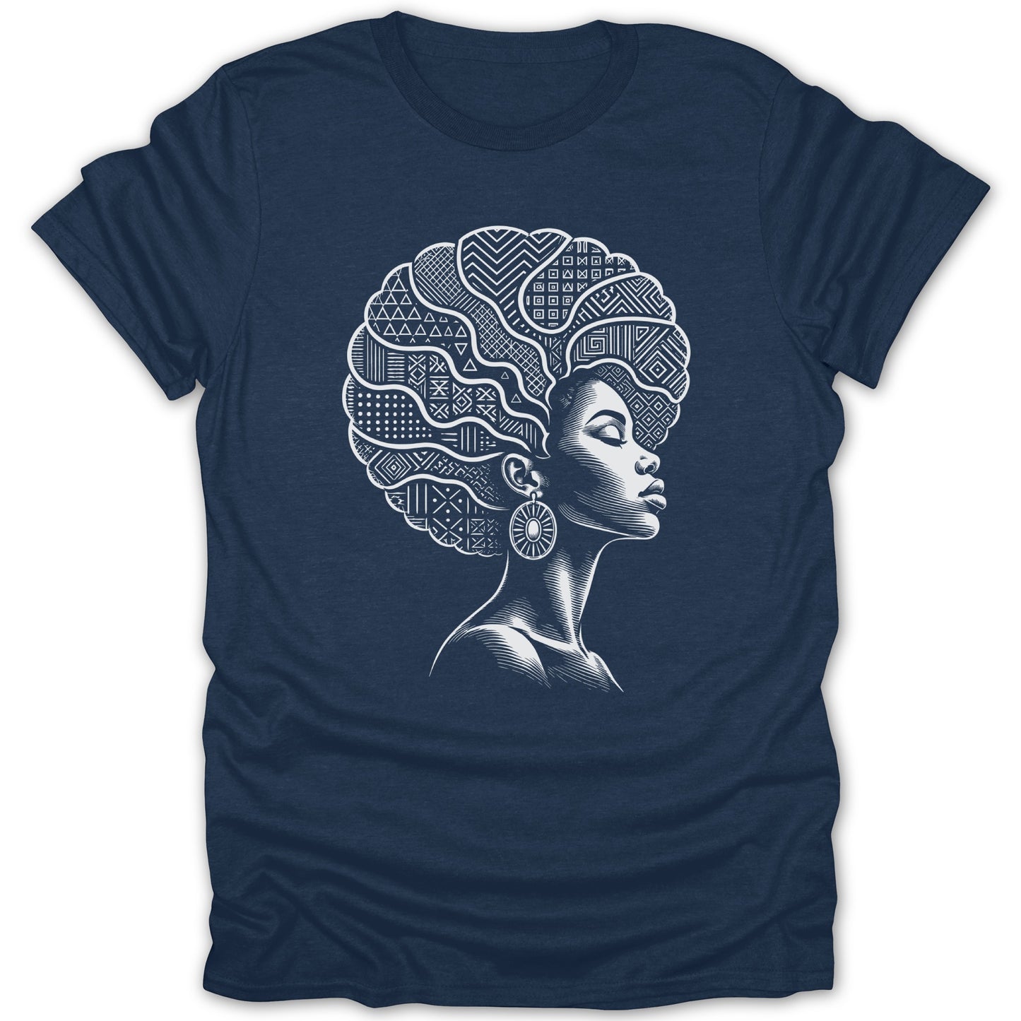 Dark blue t-shirt with a white line art of a woman with an afro filled with geometric patterns.