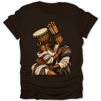 Couple with drum and drumstick heads embracing on dark brown t-shirt.