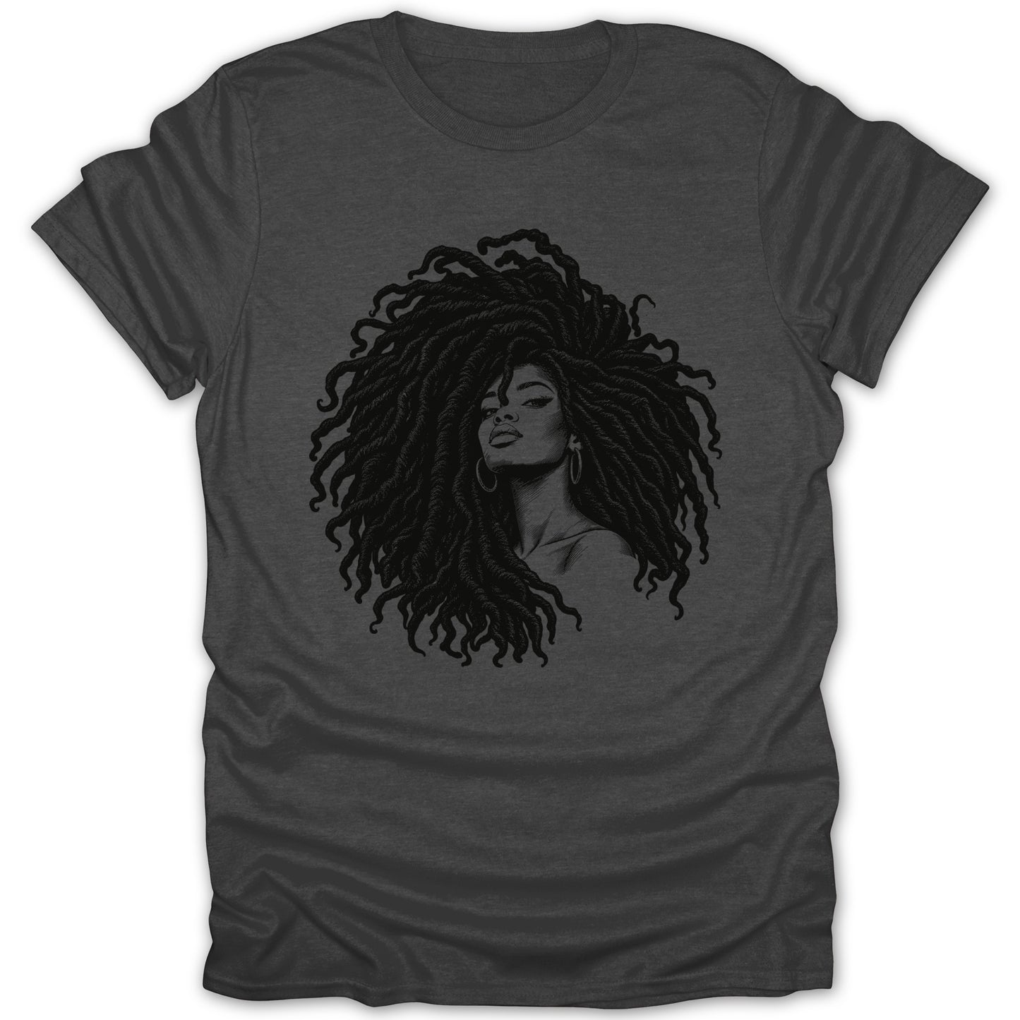 Black and white illustration of a woman with voluminous dreadlocks on a charcoal t-shirt.